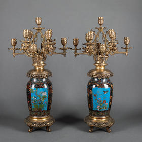 独角鹿西洋古董铜鎏金精雕嵌富贵花鸟掐丝珐琅花瓶多枝头烛台一对