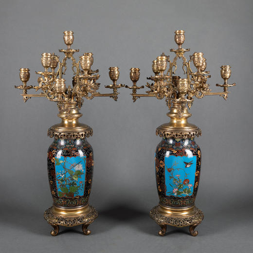 独角鹿西洋古董铜鎏金精雕嵌富贵花鸟掐丝珐琅花瓶多枝头烛台一对 商品图0