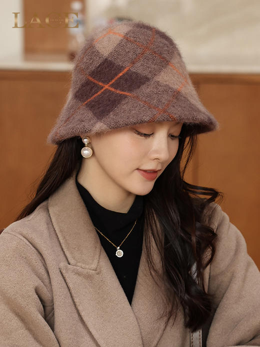 JYFS日系光身水桶帽子女秋冬羊毛渔夫帽提花纹针织盆帽英伦格子批发 商品图1