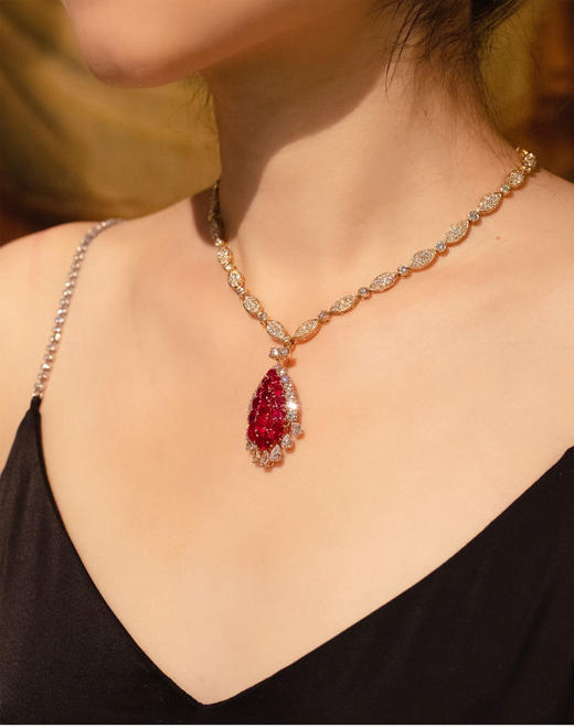 独角鹿西洋古董首饰珠宝法国18K金镶嵌钻石红宝石吊坠项链 商品图1