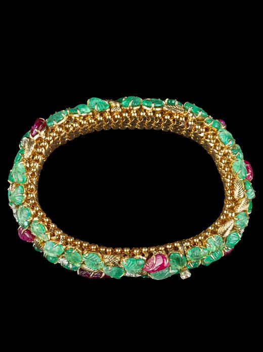 独角鹿西洋古董珠宝水果锦囊风18K黄金镶嵌祖母绿红宝石钻石手镯 商品图2