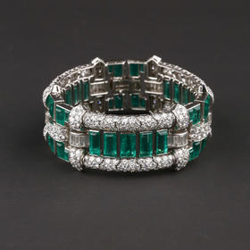 独角鹿西洋古董首饰珠宝法国铂金镶嵌钻石祖母绿宽手链手镯手饰