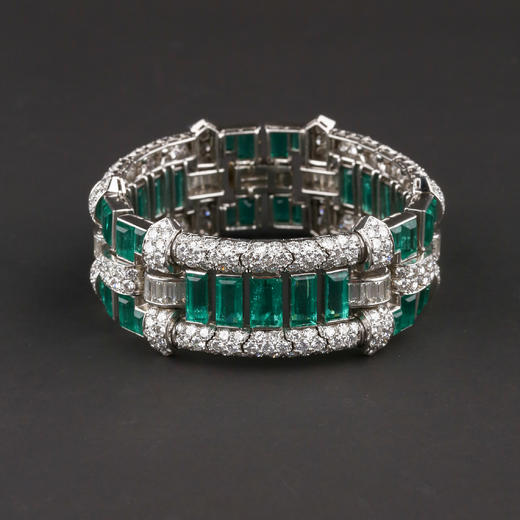 独角鹿西洋古董首饰珠宝法国铂金镶嵌钻石祖母绿宽手链手镯手饰 商品图0