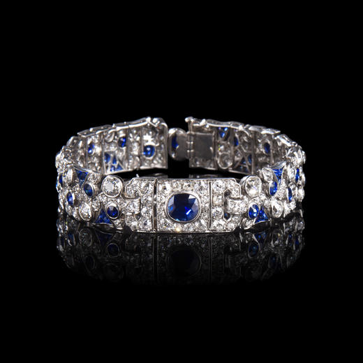 独角鹿西洋古董珠宝法国装饰艺术时代铂金镶嵌钻石蓝宝石手链手镯 商品图0