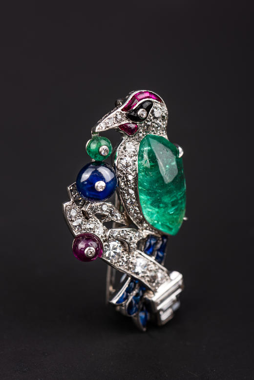 独角鹿西洋古董珠宝首饰法国铂金镶嵌祖母绿红宝石蓝宝石钻石胸针 商品图1