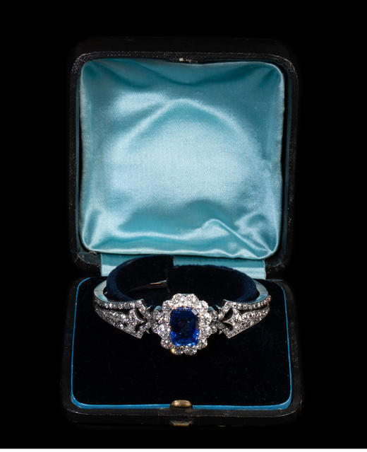 独角鹿西洋古董珠宝黄金底纯银镶嵌钻石斯里兰卡天然蓝宝石手镯 商品图4