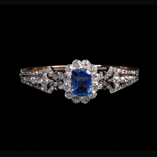 独角鹿西洋古董珠宝黄金底纯银镶嵌钻石斯里兰卡天然蓝宝石手镯 商品图0