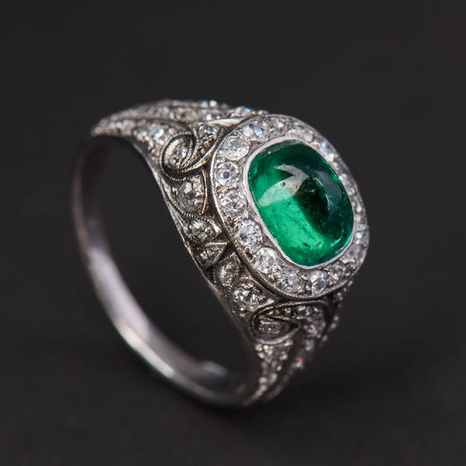 独角鹿西洋古董首饰珠宝欧洲铂金镶嵌钻石哥伦比亚祖母绿戒指 商品图2