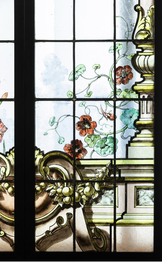 独角鹿西洋古董法国新艺术时期廊柱拱门花卉彩绘玻璃花窗一对 商品图1