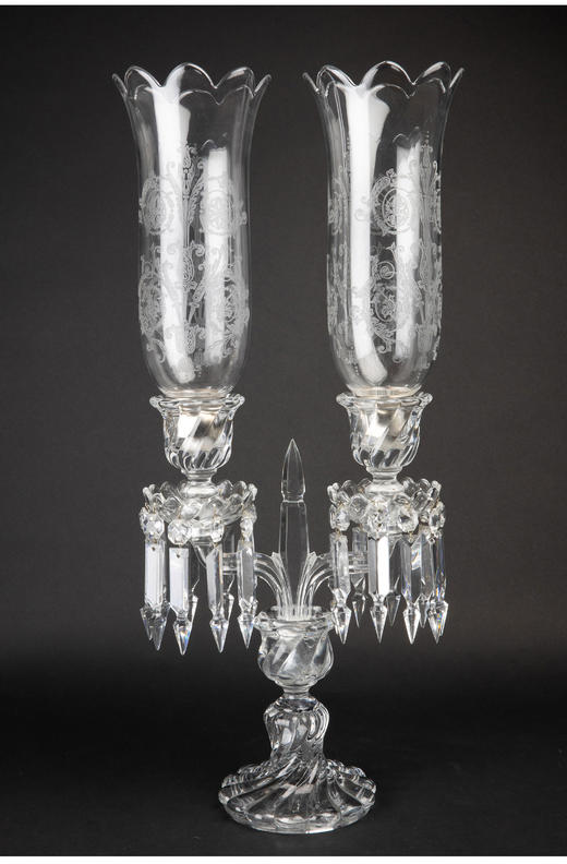 独角鹿西洋古董法国巴卡拉竹纹两枝头水晶烛台一对郁金香形灯罩 商品图2