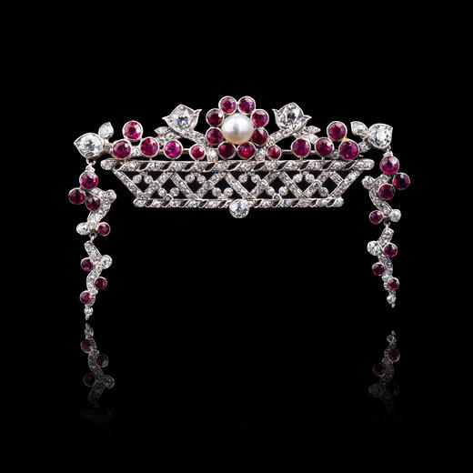 独角鹿西洋古董珠宝首饰Janesich铂金镶珍珠钻石红宝石花篮胸针 商品图4