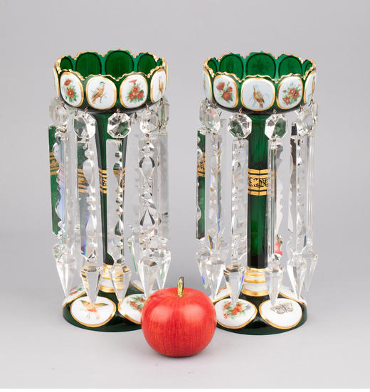 独角鹿西洋古董波西米亚花鸟主题彩绘描金菠萝樽水晶流苏烛台一对 商品图1