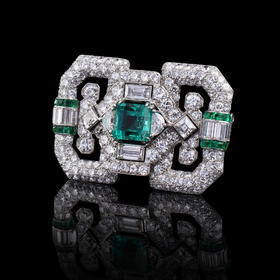 独角鹿西洋古董法国Mauboussin铂金镶嵌哥伦比亚祖母绿钻石胸针