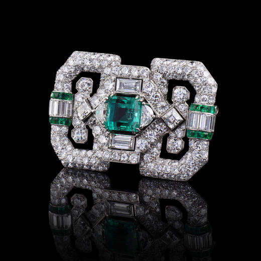 独角鹿西洋古董法国Mauboussin铂金镶嵌哥伦比亚祖母绿钻石胸针 商品图0