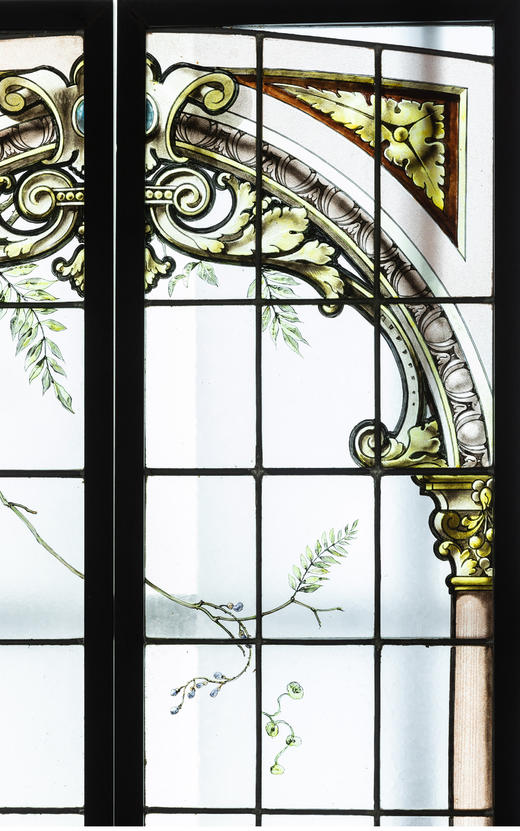 独角鹿西洋古董法国新艺术时期廊柱拱门花卉彩绘玻璃花窗一对 商品图2