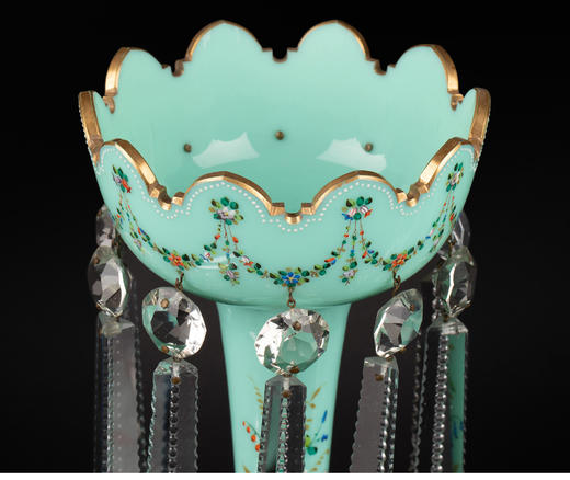 独角鹿西洋古董法国花卉描金浅绿松石色菠萝樽水晶流苏烛台一对 商品图3