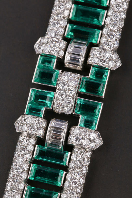 独角鹿西洋古董首饰珠宝法国铂金镶嵌钻石祖母绿宽手链手镯手饰 商品图1