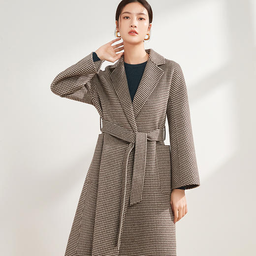 【经典千鸟格羊毛大衣】秋冬新品女士中长款羊毛大衣经纬咖啡各位毛呢外套 商品图1