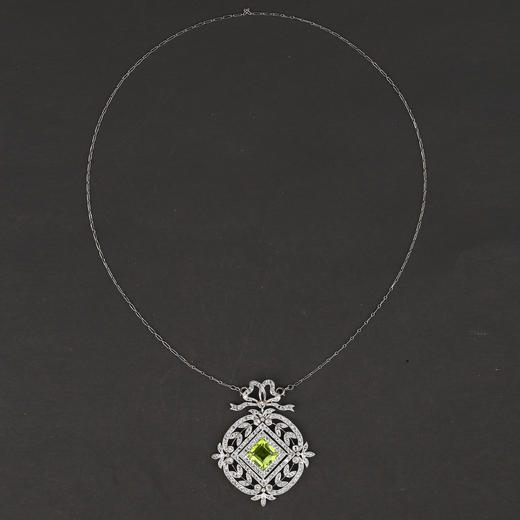 独角鹿西洋古董珠宝Fontenay美好时代风铂金镶钻石橄榄石吊坠项链 商品图1