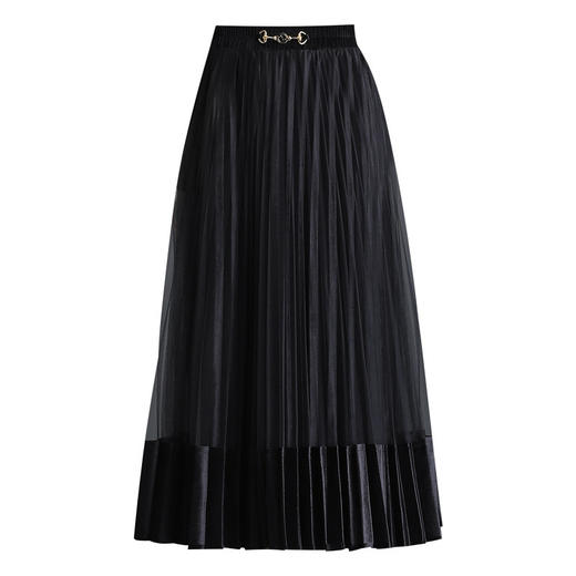 秋冬新款高腰网纱拼接丝绒半身裙百褶裙MYX-9800 商品图4