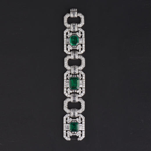 独角鹿西洋古董Mauboussin铂金镶嵌哥伦比亚祖母绿钻石宽手链手镯 商品图0