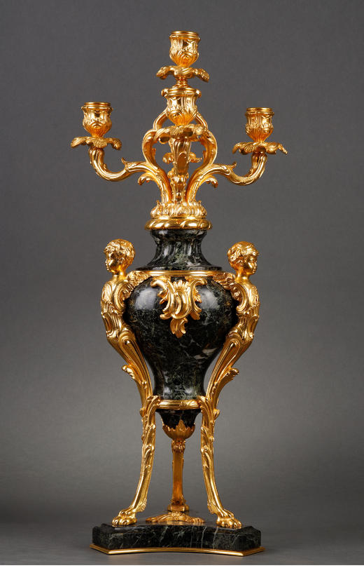 独角鹿西洋古董路易十五风大理石修小天使主题铜鎏金雕像烛台一对 商品图3