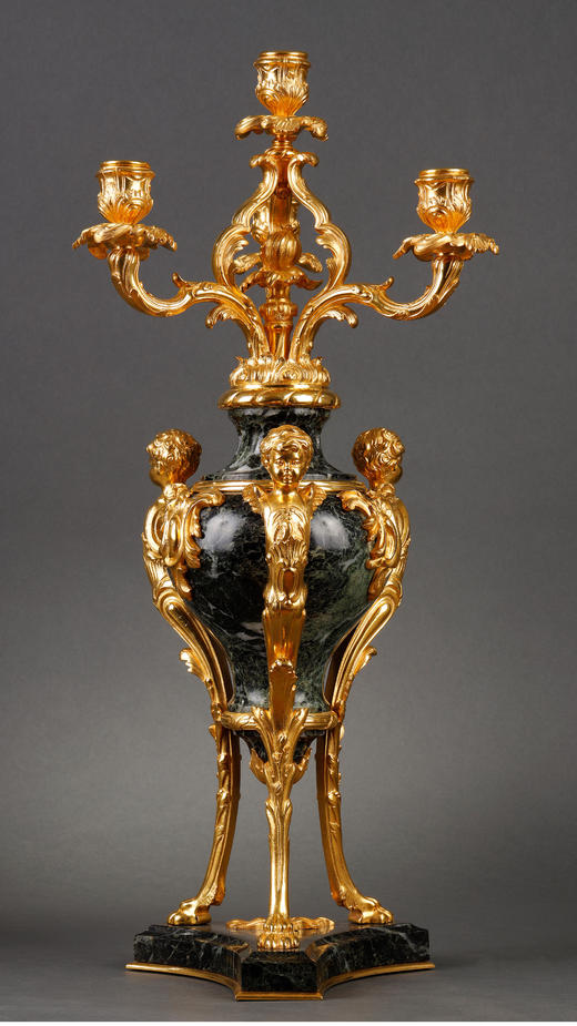 独角鹿西洋古董路易十五风大理石修小天使主题铜鎏金雕像烛台一对 商品图4