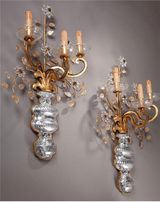 独角鹿西洋古董意大利BANCI工坊出品黄铜鎏金水晶壁挂烛台一对 商品图1