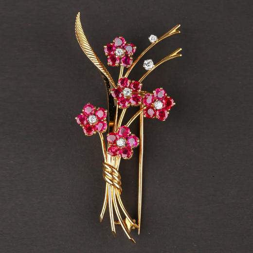 独角鹿西洋古董法国著名珠宝世家18K金镶钻石红宝石花束胸针耳环 商品图1