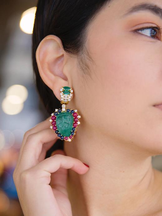 独角鹿西洋古董首饰黄金祖母绿钻石红宝石蓝宝石水果锦囊耳坠耳饰 商品图1