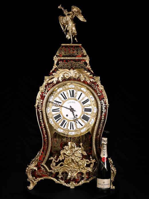 独角鹿西洋古董1880年代法国铜鎏金饰布勒镶嵌工艺大型挂钟古董钟 商品图1