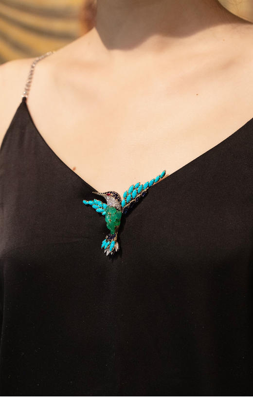 独角鹿西洋古董珠宝法国18K金镶钻石红宝石蓝宝石祖母绿翠鸟胸针 商品图1