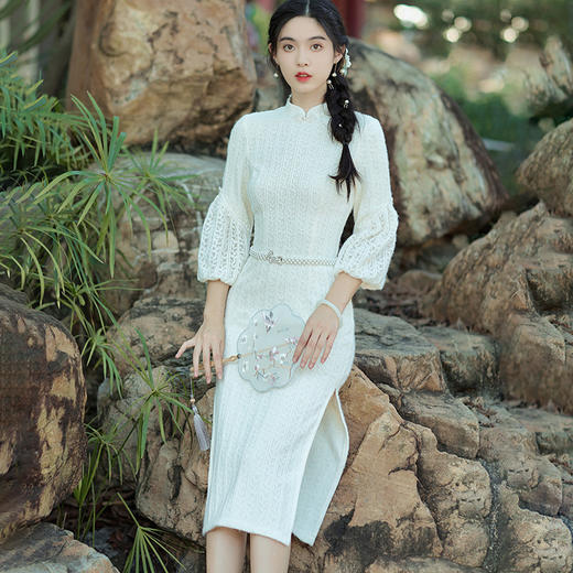 羽毛沙甜美清新年轻款收腰旗袍裙BS-2678 商品图3