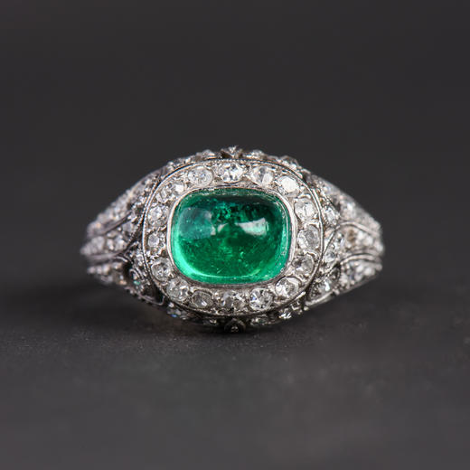 独角鹿西洋古董首饰珠宝欧洲铂金镶嵌钻石哥伦比亚祖母绿戒指 商品图4