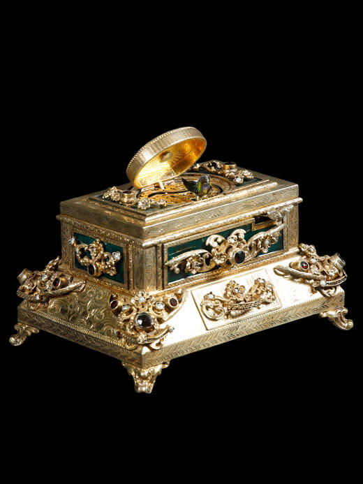 独角鹿西洋古董洛可可风格银鎏金镶珍珠半宝石绿珐琅鸣鸟八音盒 商品图3