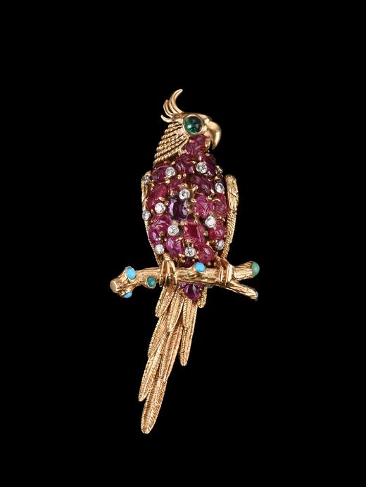 独角鹿西洋古董Marchak18K金镶红宝石祖母绿钻石绿松石鹦鹉胸针 商品图0