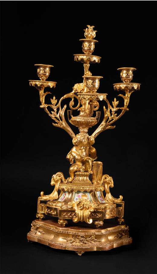 独角鹿西洋古董法国路易十六风铜鎏金雕饰彩绘瓷片座钟烛台三件套 商品图4