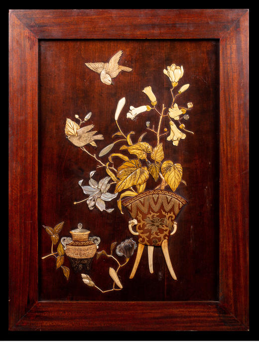 独角鹿西洋古董日本明治时期博古清供花鸟芝山镶嵌漆木装饰画一对 商品图2