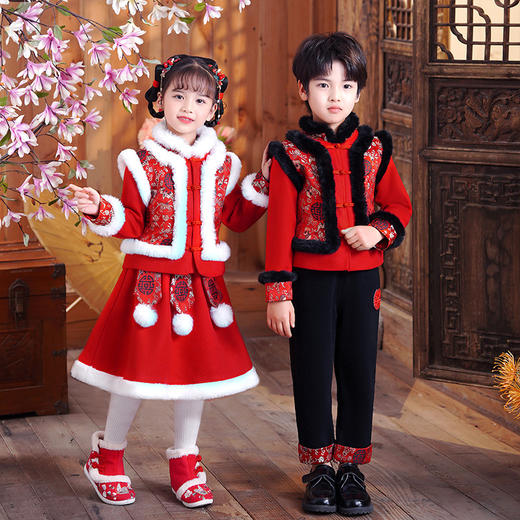 XWN-9833 儿童汉服2022新款冬款加绒套装女童汉服小女孩拜年服冬季唐装男童 商品图0