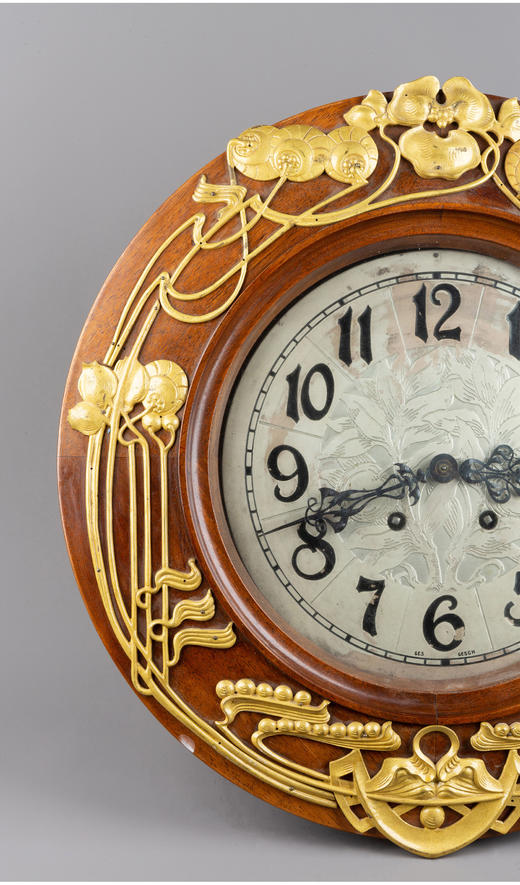 独角鹿西洋古董德国Lenzkirch新艺术风格花卉铜鎏金木质圆形挂钟 商品图2