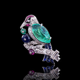 独角鹿西洋古董珠宝首饰法国铂金镶嵌祖母绿红宝石蓝宝石钻石胸针