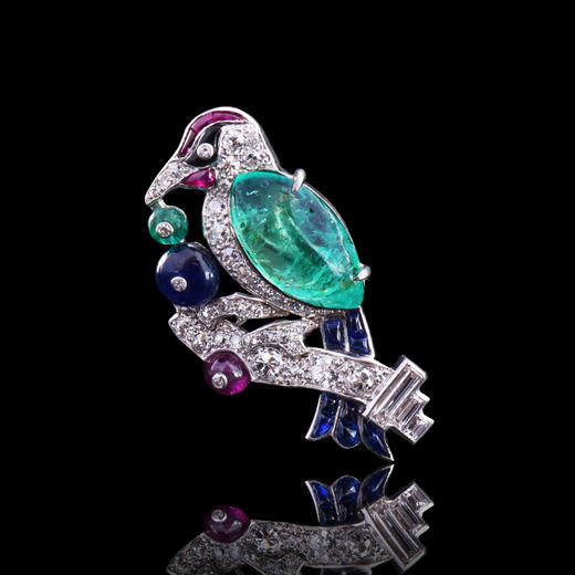 独角鹿西洋古董珠宝首饰法国铂金镶嵌祖母绿红宝石蓝宝石钻石胸针 商品图0