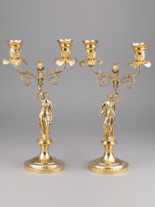 独角鹿西洋古董英国乔治三世时期古典女神银鎏金精雕烛台一对 商品图0