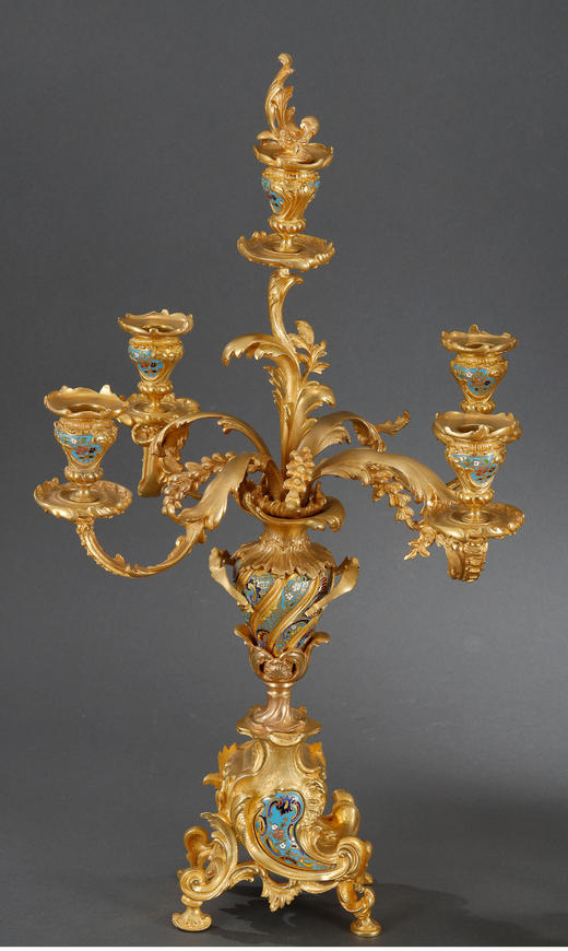 独角鹿西洋古董摆件洛可可风格铜鎏金雕饰珐琅座钟烛台三件套 商品图2