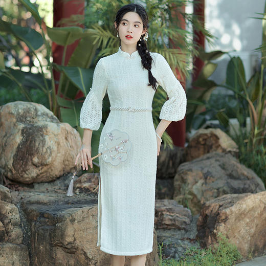 羽毛沙甜美清新年轻款收腰旗袍裙BS-2678 商品图0