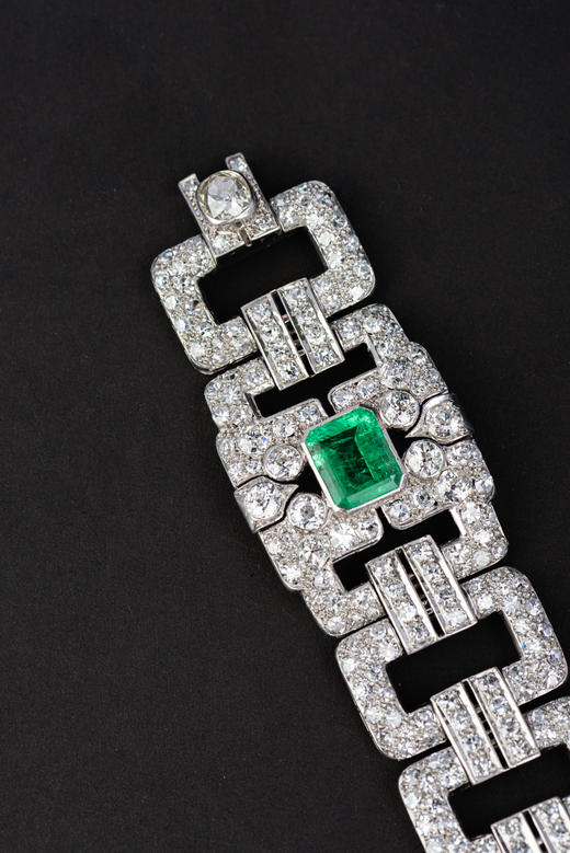 独角鹿西洋古董首饰珠宝欧洲铂金18K金镶嵌钻石祖母绿宽手链手镯 商品图1