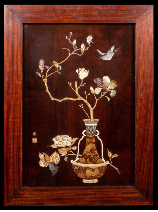 独角鹿西洋古董日本明治时期博古清供花鸟芝山镶嵌漆木装饰画一对 商品图1