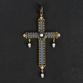 独角鹿西洋古董英国崇古风格14K金镂雕珐琅镶嵌珍珠十字架吊坠