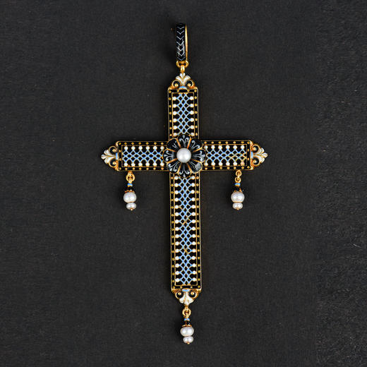 独角鹿西洋古董英国崇古风格14K金镂雕珐琅镶嵌珍珠十字架吊坠 商品图0