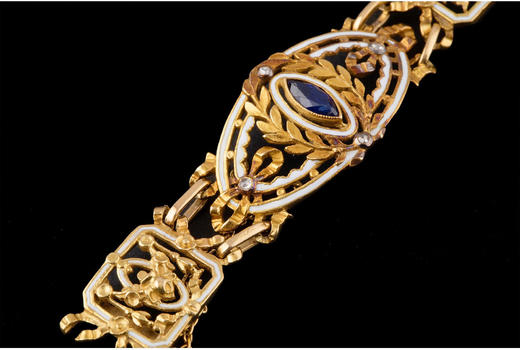 独角鹿西洋古董首饰法国大师名坊出品18K金珐琅镶钻石蓝宝石手链 商品图2
